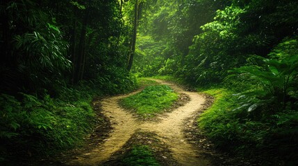 Fototapeta premium Diverging pathways at a crossroads in a vibrant lush green forest creating a serene natural ambiance and sense of adventure