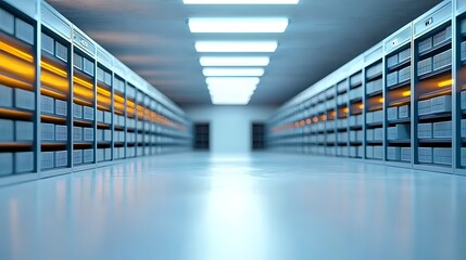 Obraz premium Futuristic smart storage room featuring a sleek minimalist design with holographic labels and automated shelving system for efficient data and document organization and management