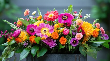 Vibrant Floral Arrangement Featuring Colorful Flowers and Lush Greenery in a Rustic Container