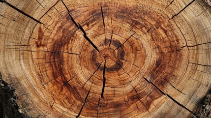 Detailed cross section of a textured brown tree stump displaying age rings and cracks highlighting the natural wood grain and characteristics
