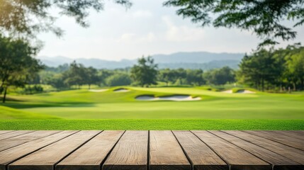 Wooden table with space for text in front of a blurred green golf course background ideal for product advertising or promotional displays