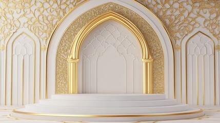 Elegant white and gold Islamic archway with podium.