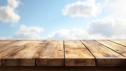 Wooden Table Surface with Clear Sky Background Ideal for Restaurant or Cafe Menu Presentation and Food Photography