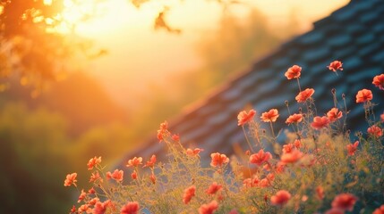 Obraz premium Spring dawn with blooming red flowers against a scenic landscape showcasing a beautiful sunrise meadow and tranquil nature background.