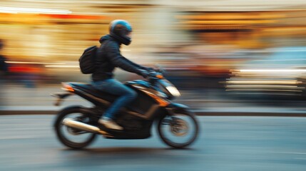 Fototapeta premium Dynamic motion of a man riding a motorbike captured in blur on a busy urban street showcasing speed and excitement.
