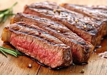 Juicy Grilled Steak with Perfectly Cooked Medium Rare Center on Rustic Wooden Board Surrounded by Fresh Herbs and Spices for Culinary Delight