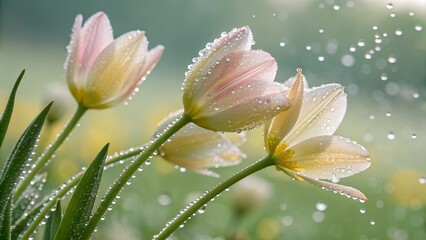  A macro shot of spring flower petals (tulips or daisies) covered in tiny raindrops. The background is softly blurred with a mix of green and yellow tones, creating a refreshing and serene spring mood