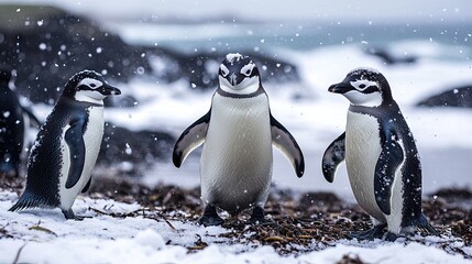 Obraz premium Three penguins standing on a snowy beach, showcasing their playful nature in a winter setting.