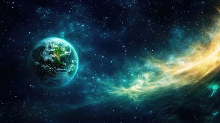 Fototapeta premium Eco-Friendly Planet in Space with Vibrant Green Elements and Cosmic Background Representing Sustainability and Nature