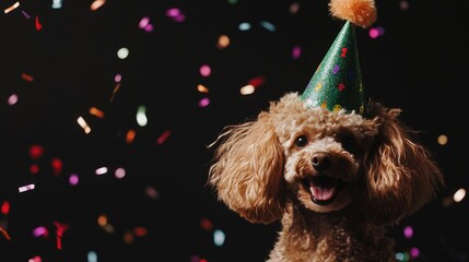 Playful poodle in a festive birthday hat surrounded by colorful confetti celebrating a joyful occasion with a black background for banners