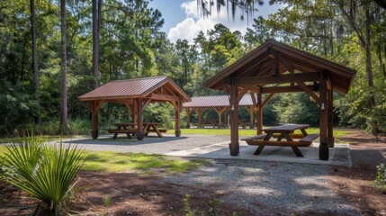Shaded Picnic Area: A relaxing, covered pavilion area with picnic tables, offering a cool, shaded space for picnics, family events, and casual group gatherings.