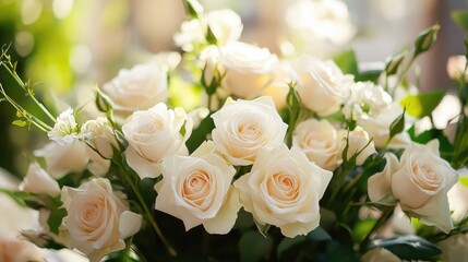 Fototapeta premium Elegant bouquet of delicate white roses complemented by lush greenery ideal for weddings and special occasions