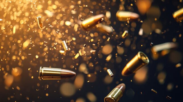 Dynamic bullets in flight with a dramatic explosion effect set against a blurred background providing ample space for text overlay