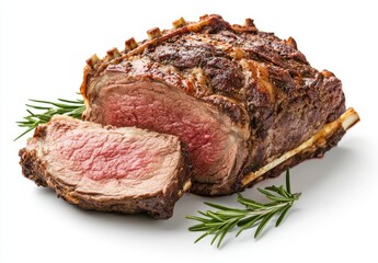 Juicy Roast Beef with Perfectly Cooked Texture Surrounded by Fresh Rosemary on a White Background Ideal for Culinary and Food Photography