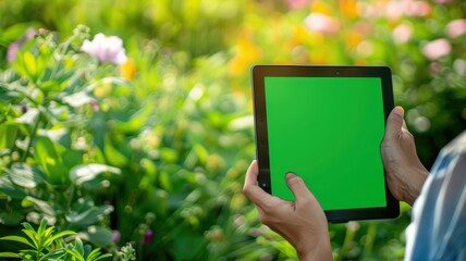 Close up of woman using tablet pc with green screen in the garden