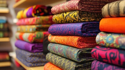 Vibrant and textured fabric samples beautifully arranged in a textile store showcasing luxury and color diversity