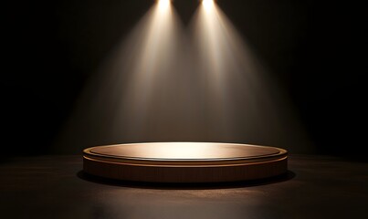 Illuminated round wooden platform, spotlight stage.
