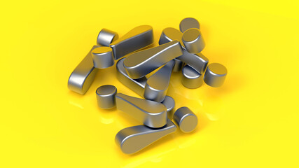 黄色い背景の金属表面の3DCG、エクスクラメーションマーク