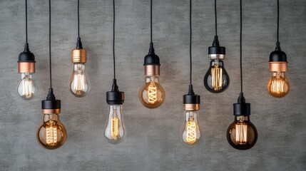 A series of light bulbs in different stages of illumination, transitioning from off to fully bright, set against a textured gray wall for contrast.