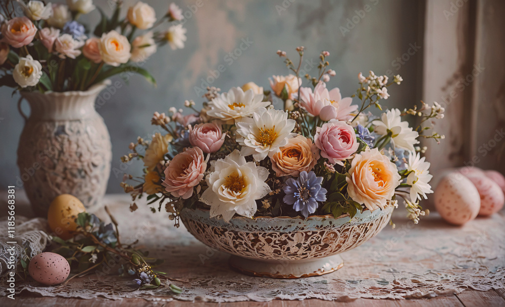 Aufkleber vase with flowers sits on a table next to a bowl with flowers. there are also some eggs on the table