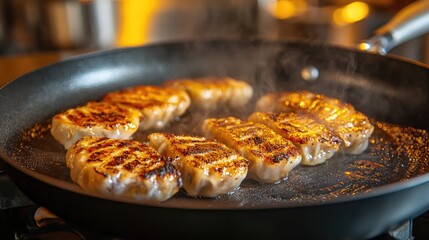 Fototapeta premium A side angle of gyoza sizzling in a hot skillet, with golden edges and steam rising, evoking a sense of warmth and delicious aroma in a cozy kitchen.