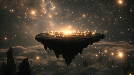 Fototapeta premium Majestic Floating Island in Cosmic Space with Luminous Stars and Ethereal Nebulae Surrounding a Mystical Landscape