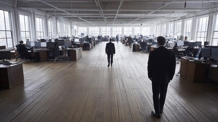 Fototapeta premium Two Businessmen Walking Through a Large, Open-Plan Office Space