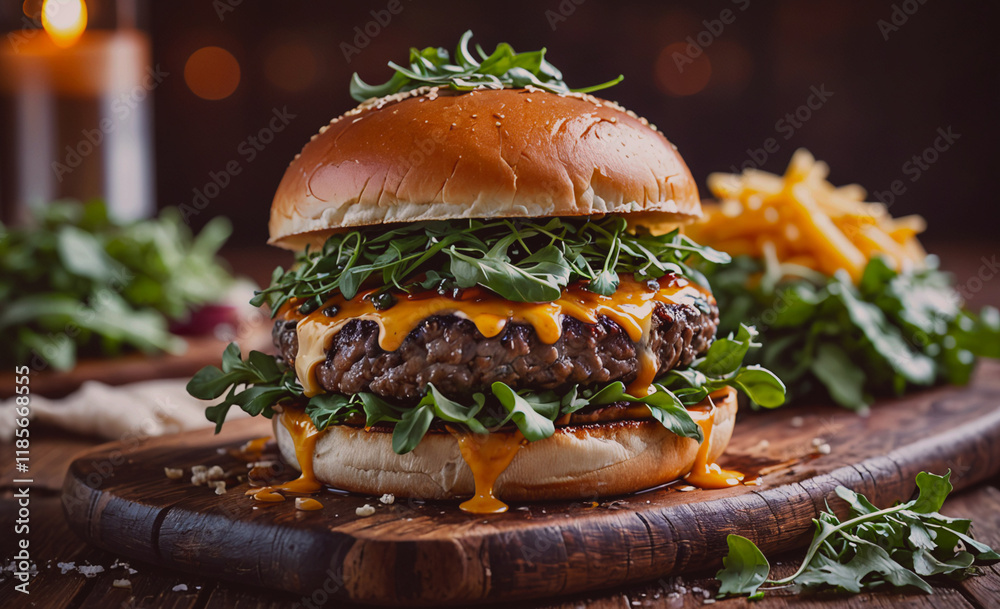 Poster burger with cheese and greens on top. the bun is brown. there is a piece of bread on the table