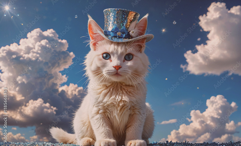 Poster white cat wearing a hat and sitting on a carpet. the hat is blue and has a rabbit on it