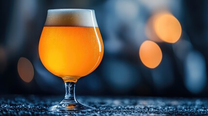A side view of a beer glass filled to the brim, with golden liquid reflecting light and tiny bubbles rising, set on a dark marble countertop for contrast.