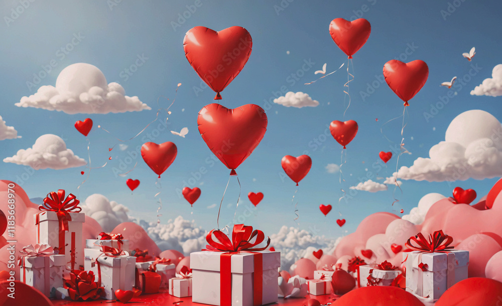 Poster bunch of red balloons with hearts on them are floating in the sky. there are also several white boxe