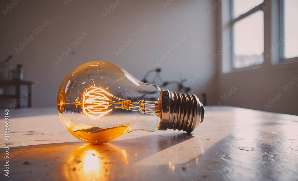 Poster single light bulb is sitting on a table, its light turned off. the bulb is a bright yellow color, il