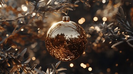 Golden Christmas Ornament Hanging on a Tree