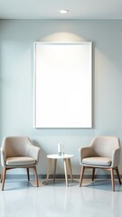 modern living room, A mockup of an empty white poster on the wall in modern hospital waiting room with comfortable chairs and medical equipment	