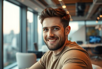 Obraz premium Calm male digital nomad in office setting