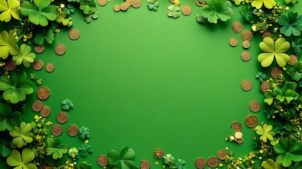 Naklejka premium A vibrant green card surrounded by clovers and shimmering coins for a festive party