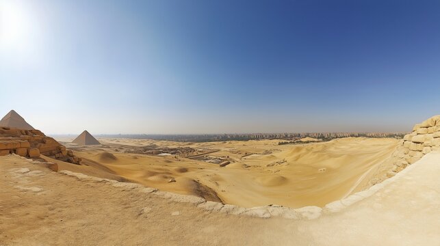 A Panoramic View of a Desert Landscape With Pyramids in the Background - Generative AI
