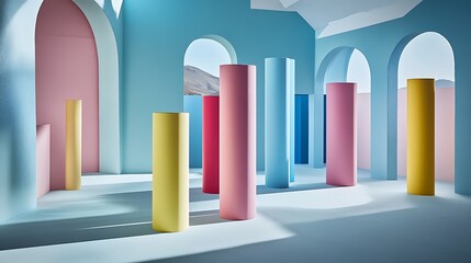 Fototapeta premium Colorful Cylinders in a Pastel Architectural Space