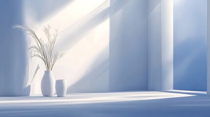 White vases with dried flowers in a sunlit room