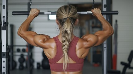  View from behind an overweight woman in sports clothing, ready to start her strength training session at a gym. The gym features weights, resistance bands
