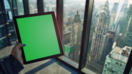 Businesswoman holding digital tablet with green screen in New York, USA