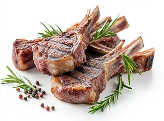 Succulent Grilled Lamb Chops Garnished with Fresh Rosemary and Multi-Colored Peppercorns on a Clean White Background for Culinary Inspiration