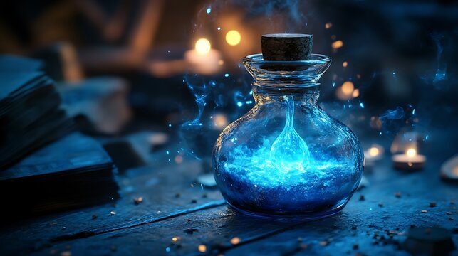 A container of enchanted elixir that glows ashes blue