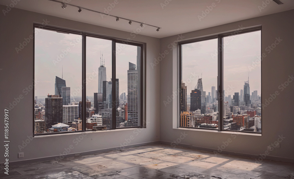 Poster The room is empty and has two large windows that offer a stunning view of the city below. The windows are clean and clear, allowing for a clear view of the skyline. The room is large and spacious
