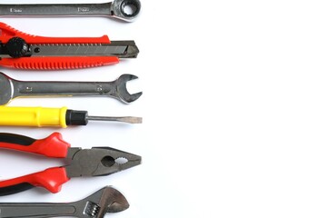 Set of tools on white background, top view