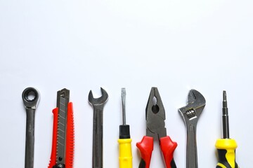 Set of tools on white background, top view