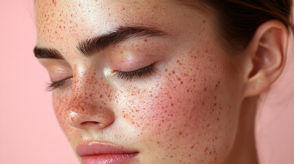 Close-up of a young woman with freckles, eyes closed, against a pink background, showcasing natural beauty.