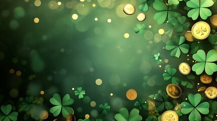 Naklejka premium A charming green card adorned with clover leaves and golden coins
