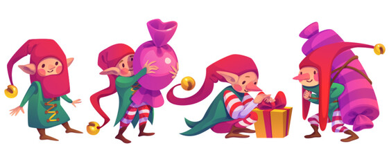 Christmas elves set isolated on white background. Vector cartoon illustration of smiling gnomes in red hats with bells, carrying candies, packing gift box with red ribbon bow, fairytale characters