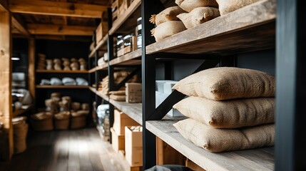 A cozy and rustic storage room featuring wooden shelves adorned with stacks of burlap sacks filled with various organic produce and grains
